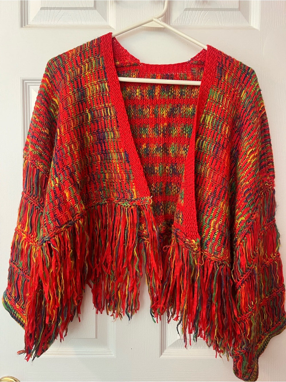 SHEIN Red Multicolor Knit Fringe Shawl